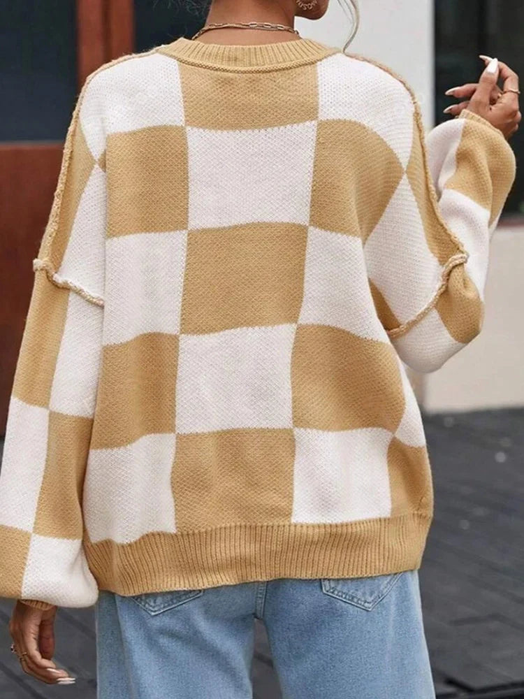 Womens Crew Neck Long Sleeve Plaid Ribbed Knit Loose Pullover Sweater Tops