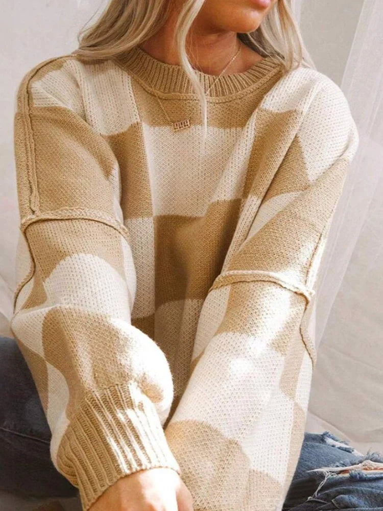 Womens Crew Neck Long Sleeve Plaid Ribbed Knit Loose Pullover Sweater Tops