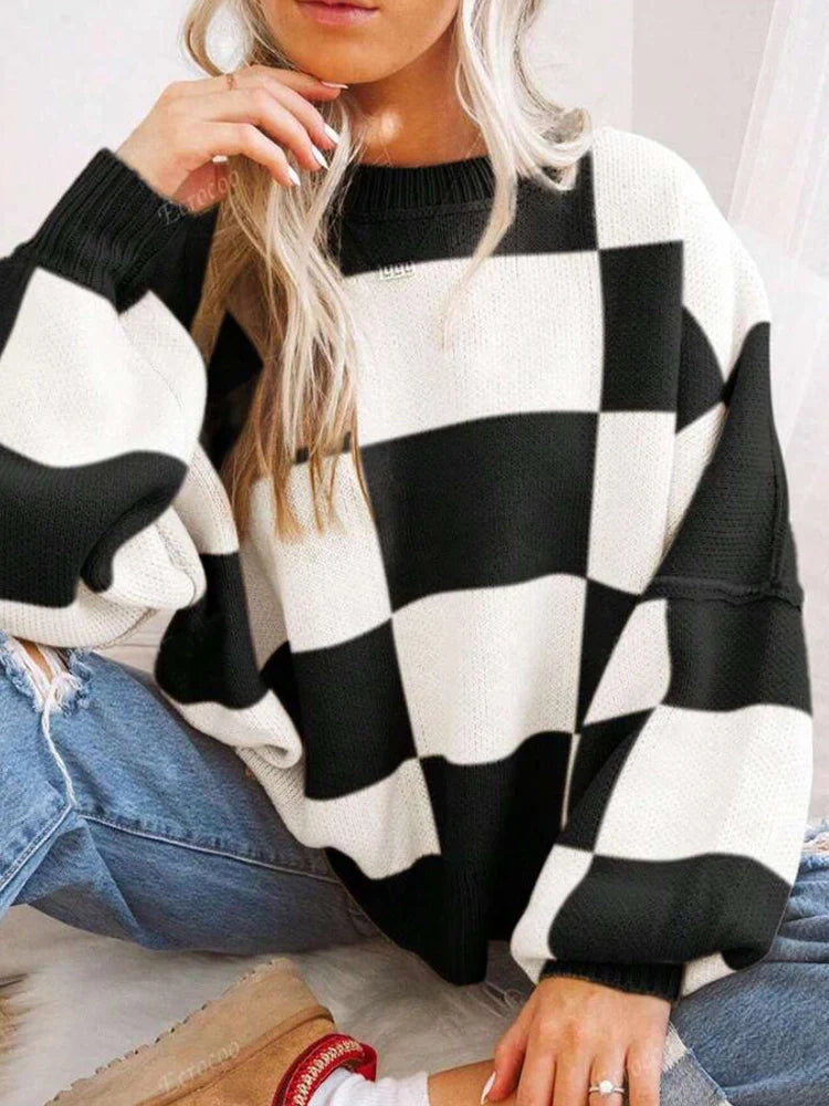 Womens Crew Neck Long Sleeve Plaid Ribbed Knit Loose Pullover Sweater Tops
