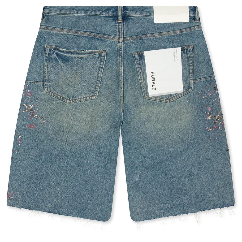 Beaded Splatter Denim Shorts - Mid Indigo