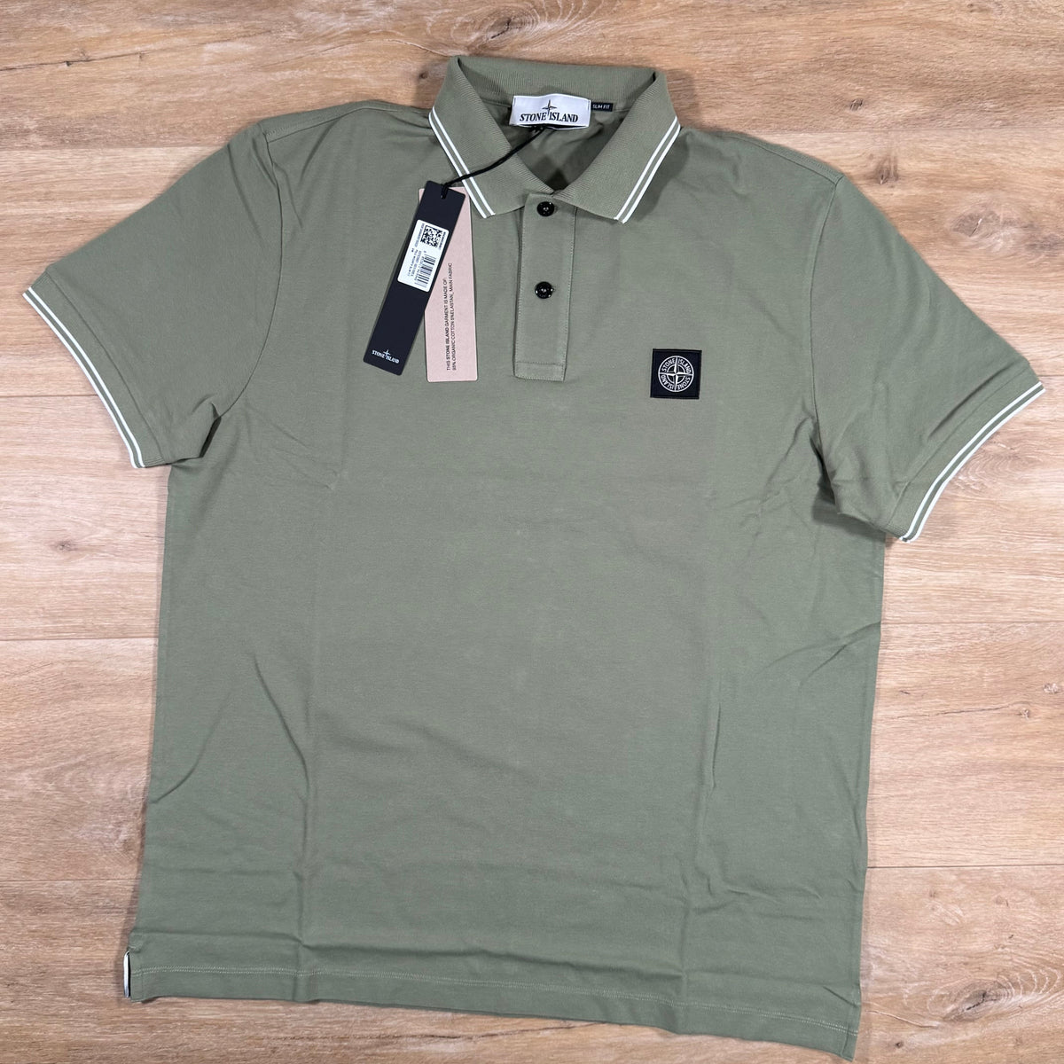 Stone Island Striped Collar Patch Logo Polo Shirt in Sage Green
