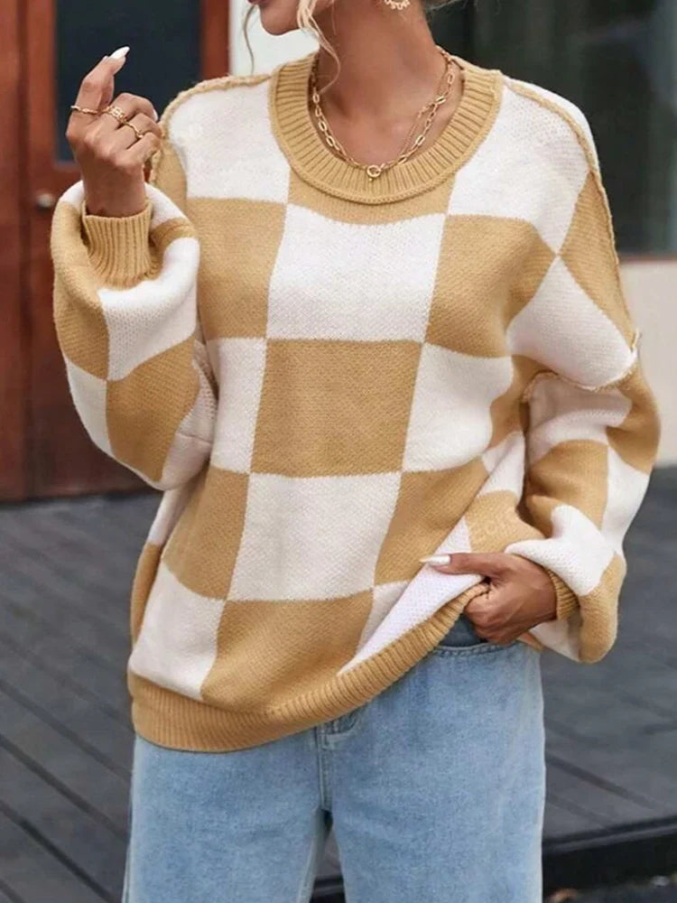 Womens Crew Neck Long Sleeve Plaid Ribbed Knit Loose Pullover Sweater  Tops