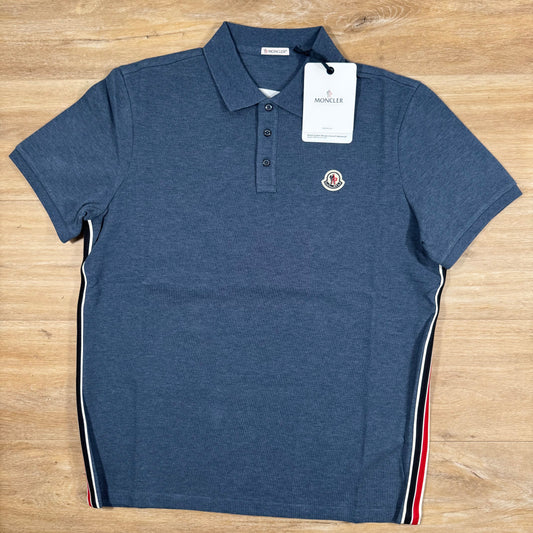 Moncler Striped Trim Cotton Piquet Polo Shirt in Dusty Blue