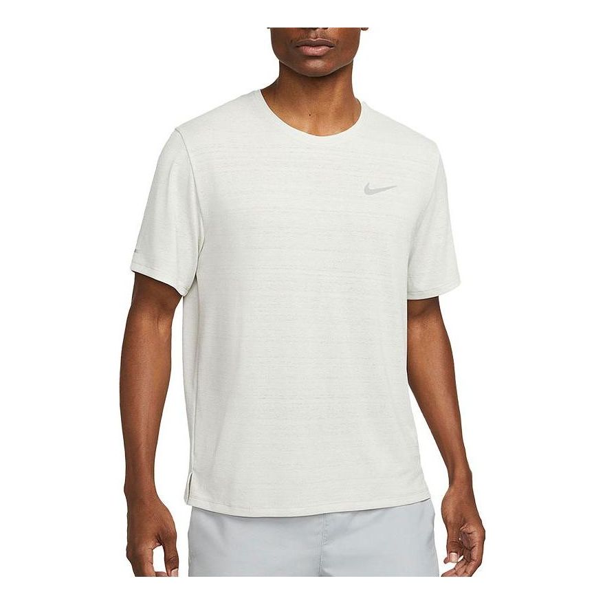 Men's Nike Dri-fit Miler Solid Color Logo Luminous Crew Neck Running Short Sleeve Light Bone T-Shirt CU5993-072