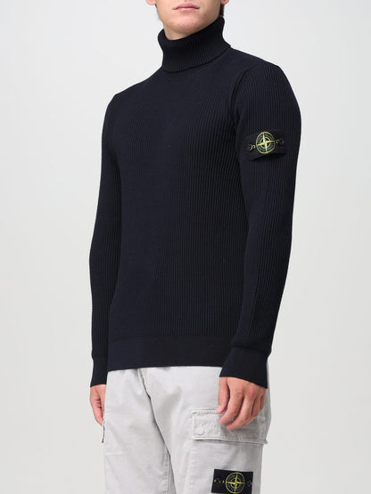 Stone Island Turtle Neck Ribbed Wool Sweatshirt Navy